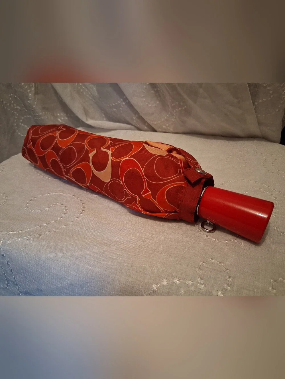 Coach Compact Umbrella in Red and Cream Signature Print - Picture 1 of 7